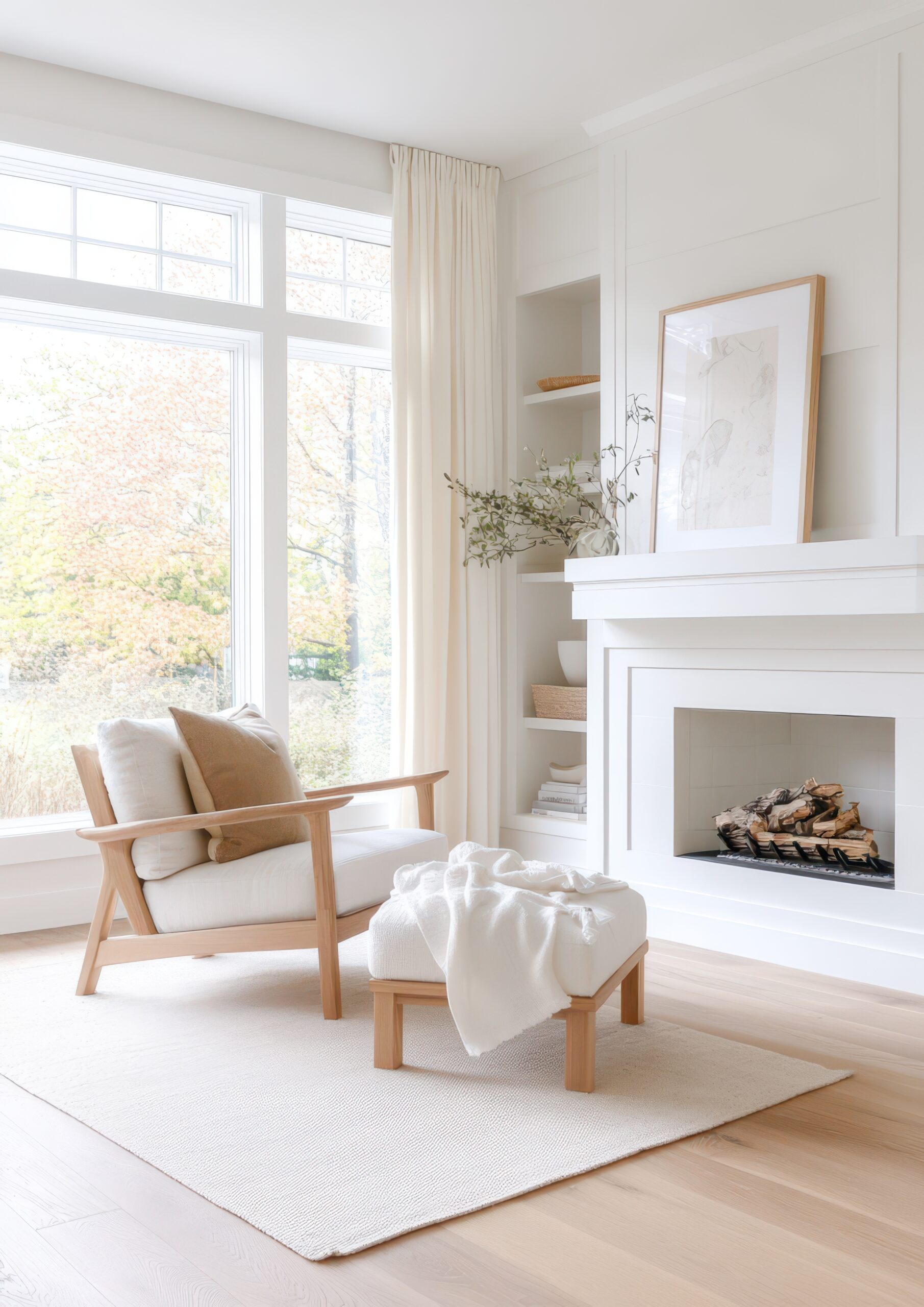 Cozy feng shui living room showcases a minimal design, featuring a stylish chair and soft textures, illuminated by natural light.